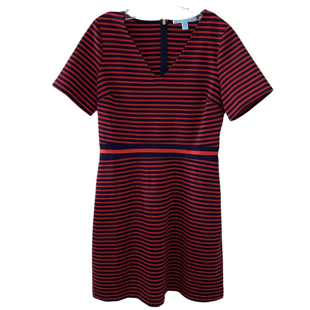 Draper James Red Navy Striped Knee-Length Dress Med V-Neck Short Sleeve Womens
